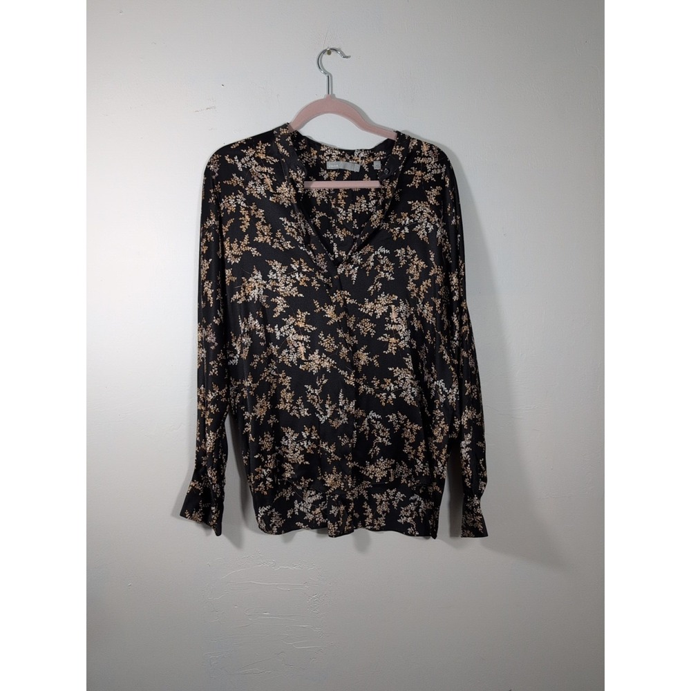 Vince $325‎ Eden Leaf Branch Silk Popover,Shirt, Blouse, Top, L
